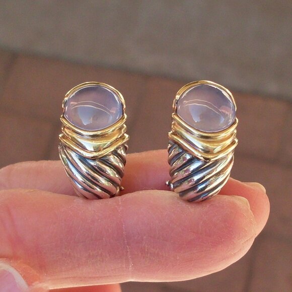 Retired David Yurman Capri Chalcedony Earrings - 14K/925 - Omega Backs - Picture 1 of 8